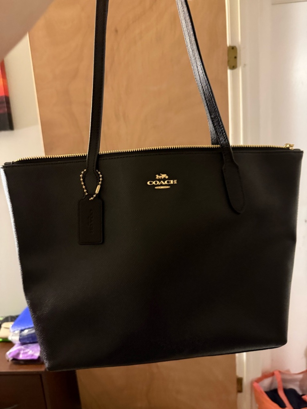 COACH Black Leather Tote with Gold Logo